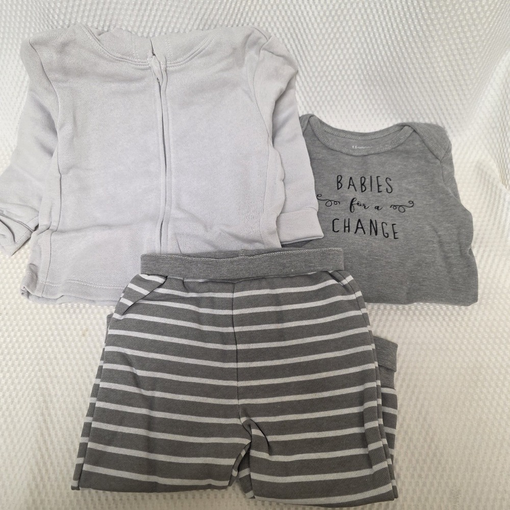 Boys size 18-24 month 3 piece outfit Hanes grey stripes hoodie shirt pants - Picture 3 of 4